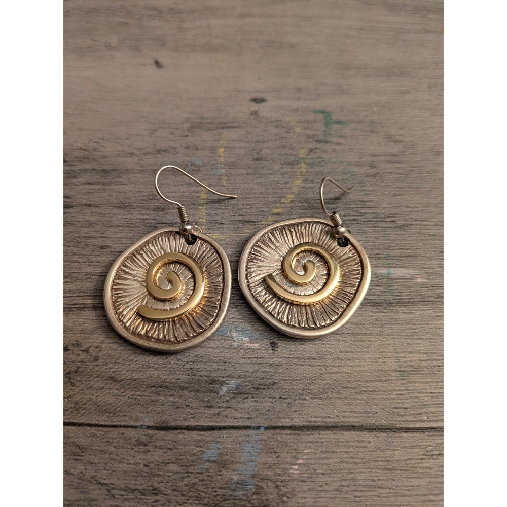 Mixed Metal Spiral Sunburst Earrings‎ Two Tone Boho Artisan Dangle Silver Gold